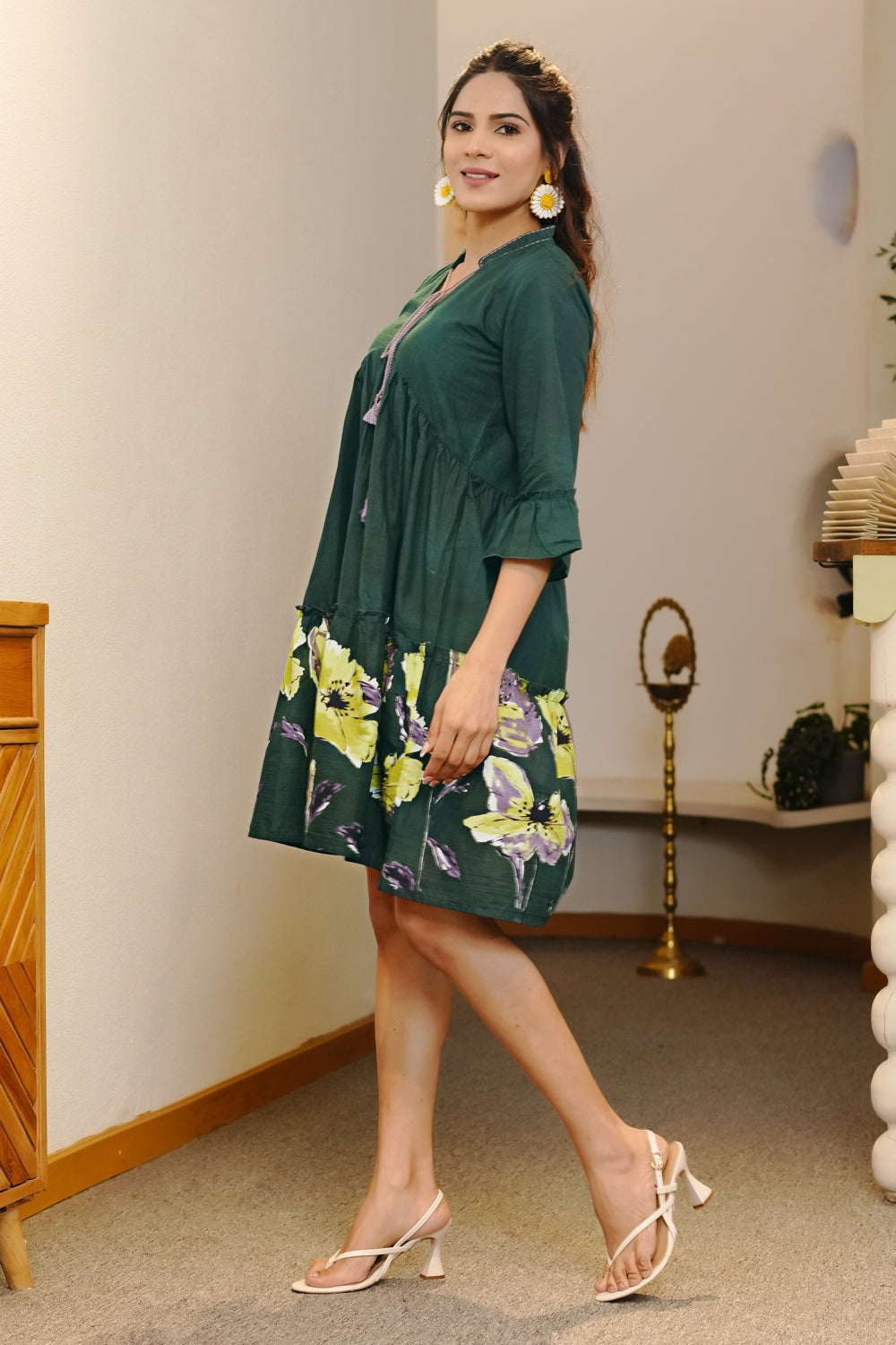 Trendy Floral Print Cotton Dress