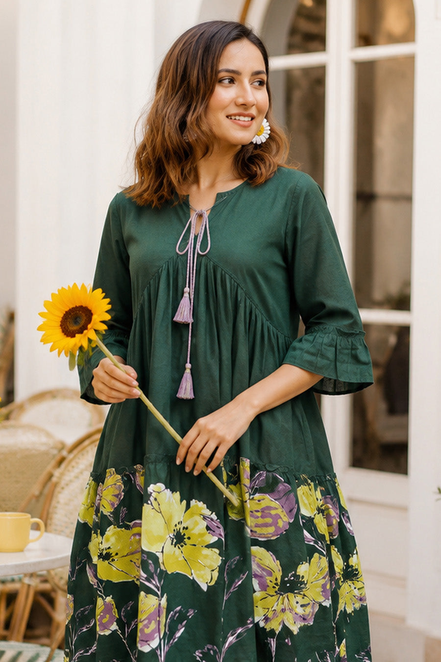 Trendy Floral Print Cotton Dress