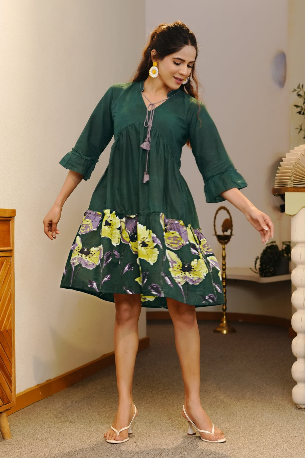 Trendy Floral Print Cotton Dress
