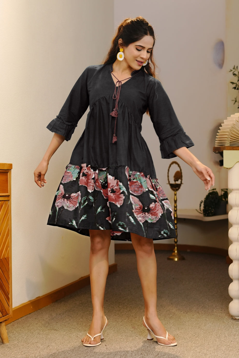 Trendy Floral Print Cotton Dress
