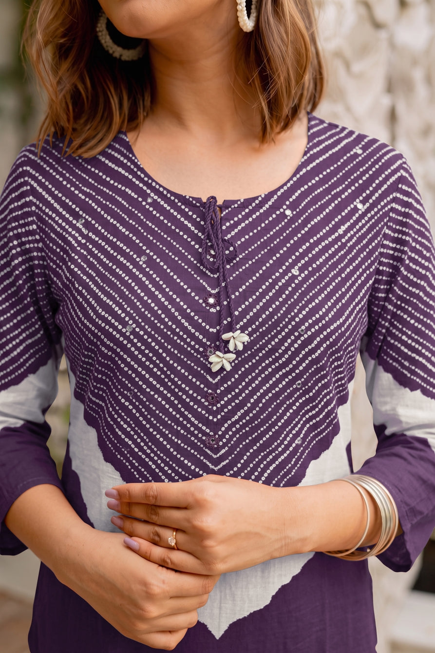 Traditional Bandhani Print Kurta Set with Embellished Neckline