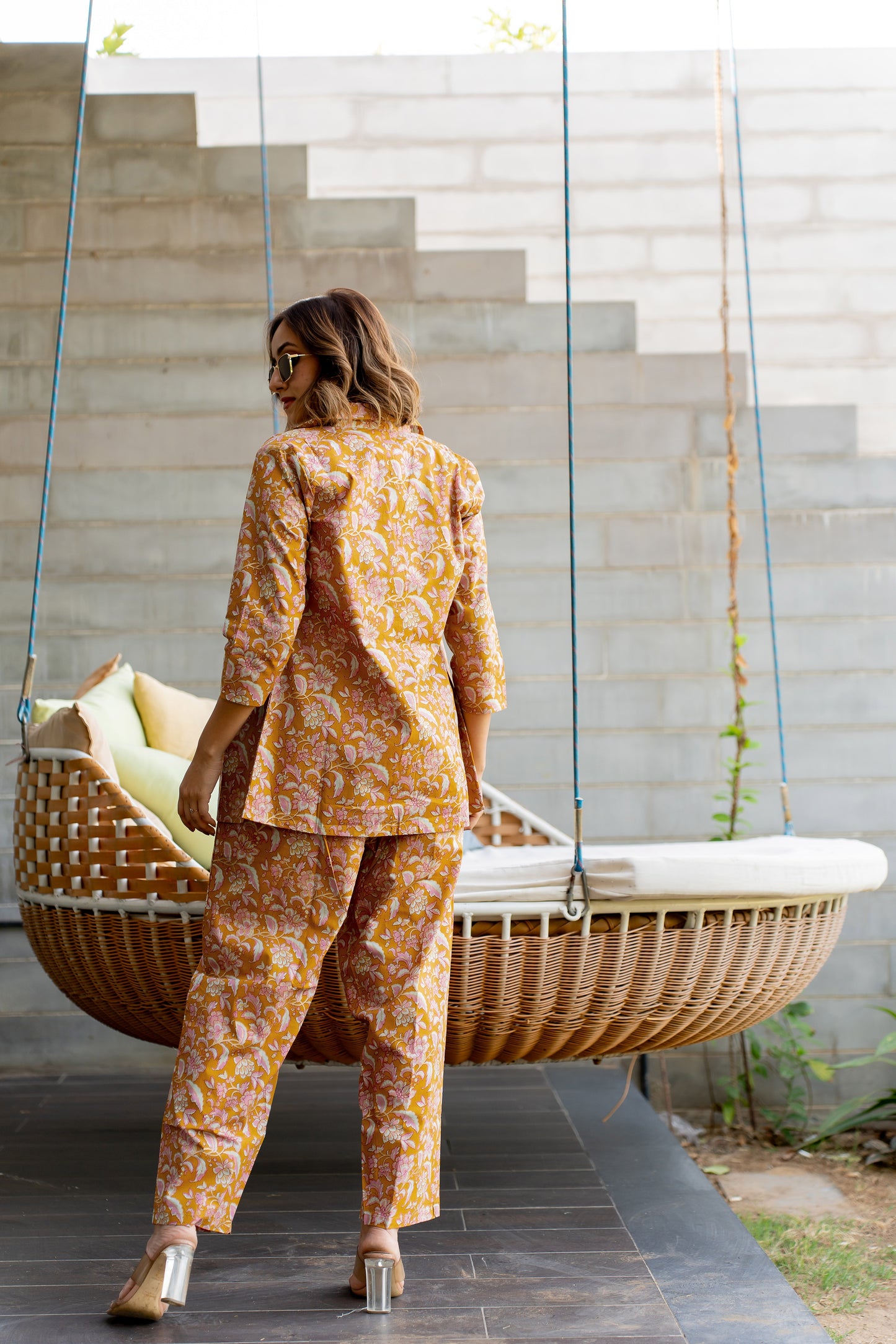 Pastel Orange Floral Printed blazer Co-ord Set