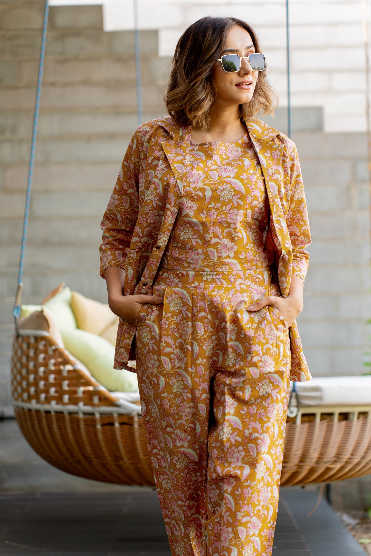 Pastel Orange Floral Printed blazer Co-ord Set