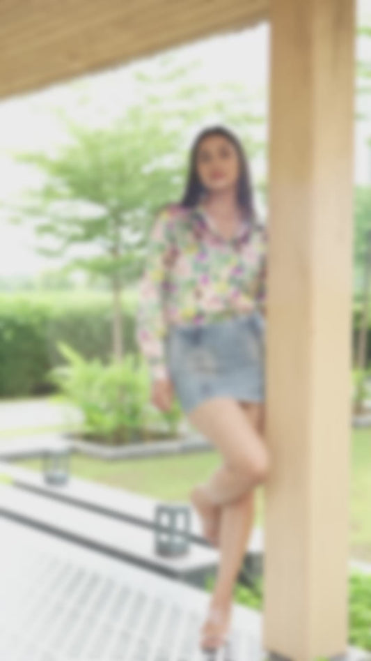 Tropical Papaya Floral Print Satin Shirt