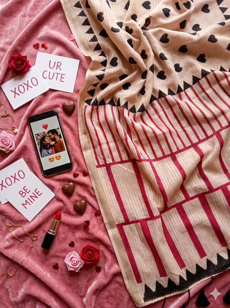 Trendy Hearts Printed Cotton Silk Saree With Unstitched Blouse Piece