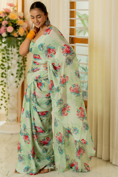 Women's Chiffon Floral Printed Elegance Custom Saree