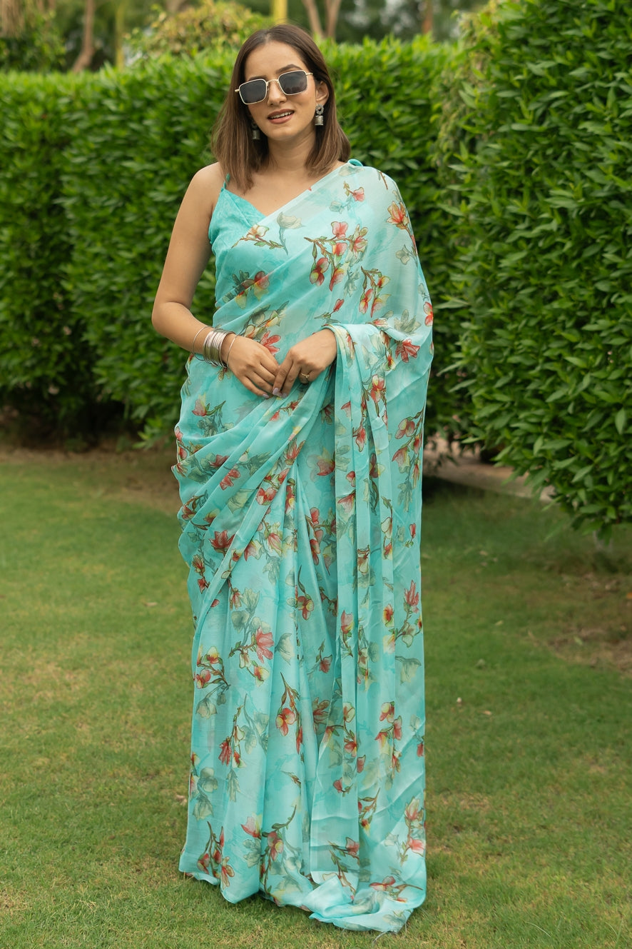 Women's Chiffon Floral Printed Elegance Custom Saree