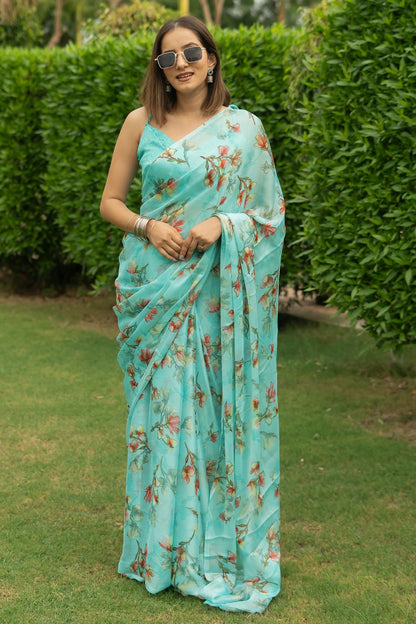 Women's Chiffon Floral Printed Elegance Custom Saree