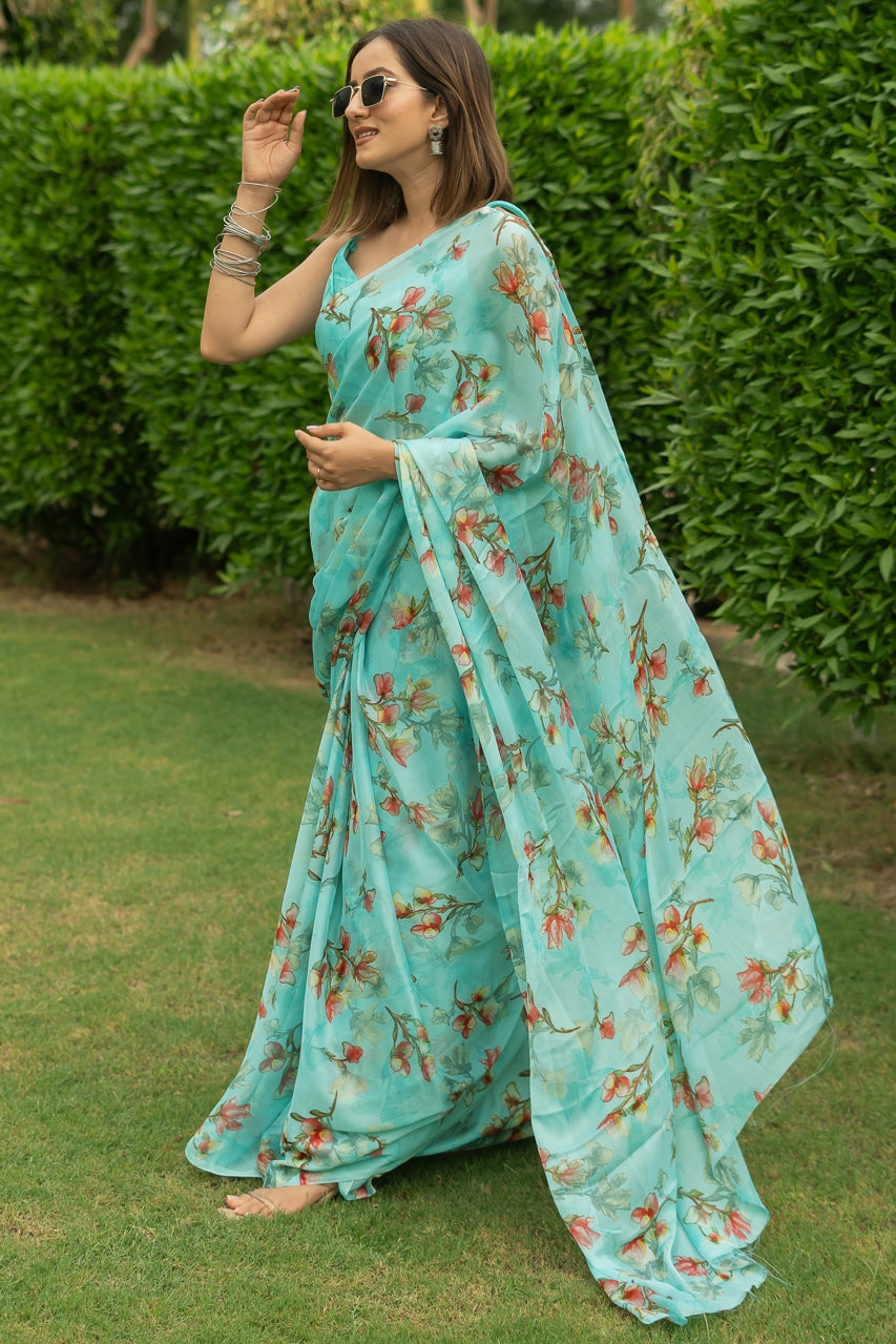 Women's Chiffon Floral Printed Elegance Custom Saree