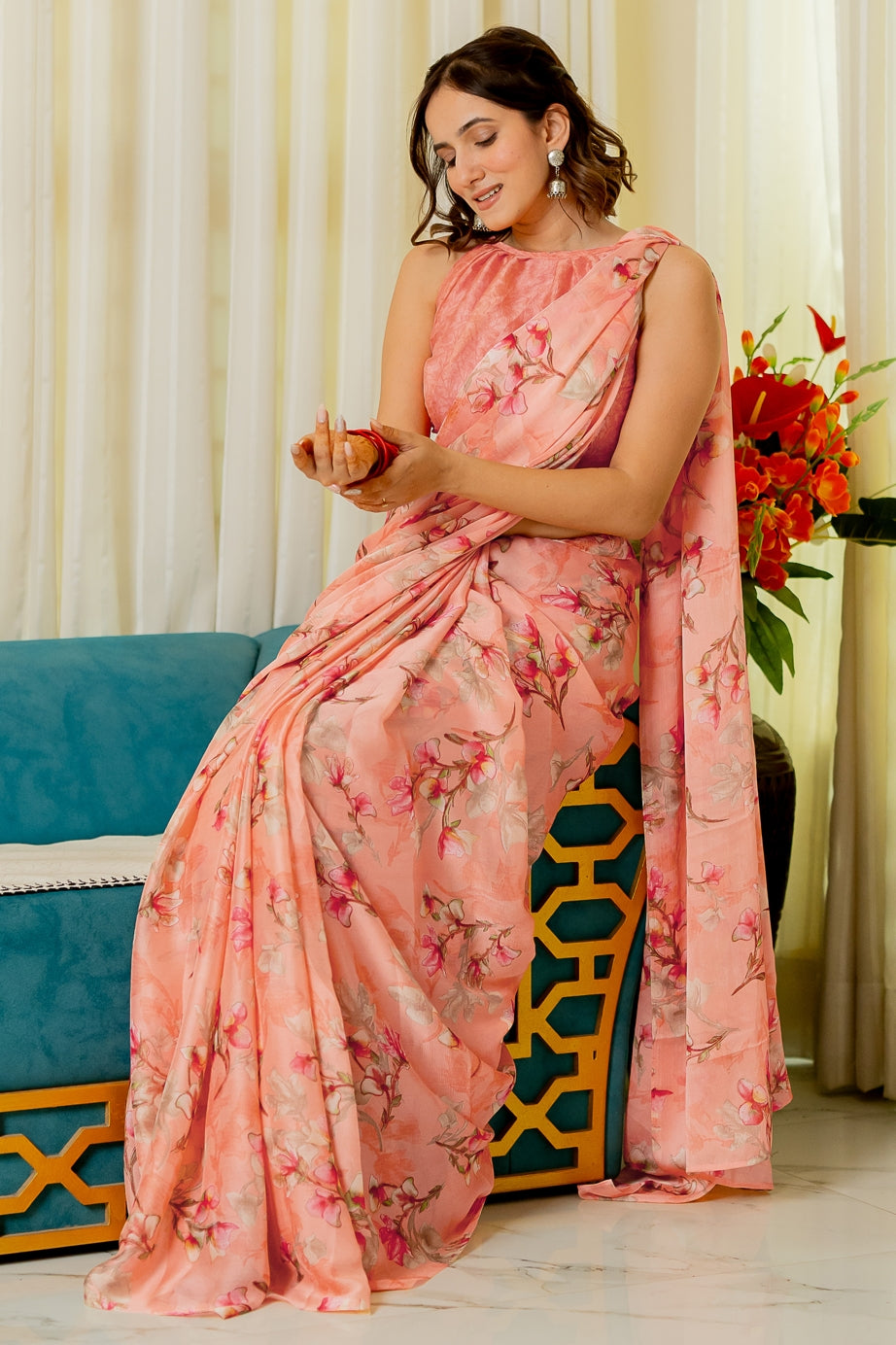 Women's Chiffon Floral Printed Elegance Custom Saree