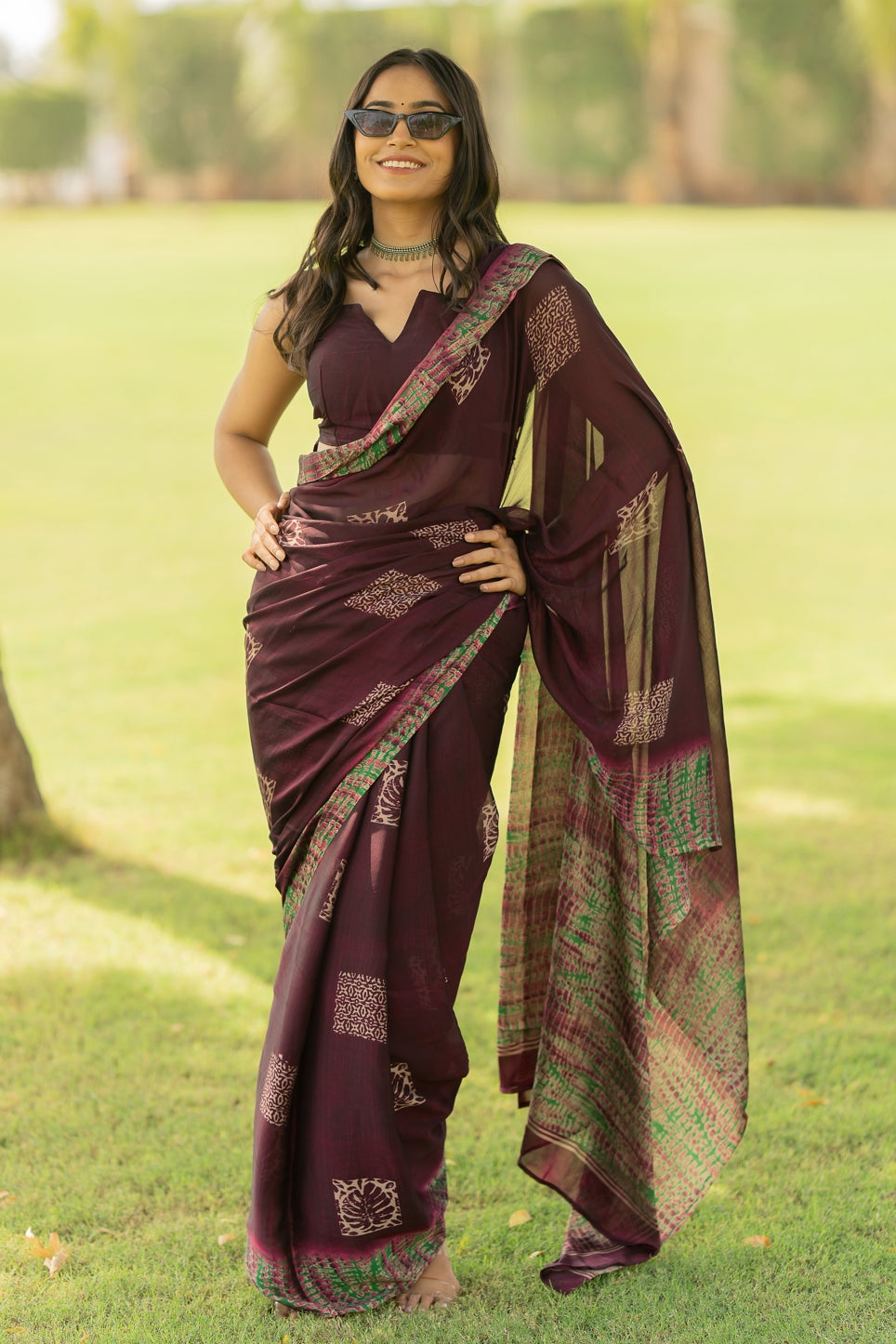 Chiffon Shibori Block Print  Saree