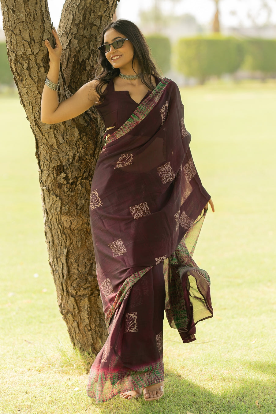 Chiffon Shibori Block Print  Saree