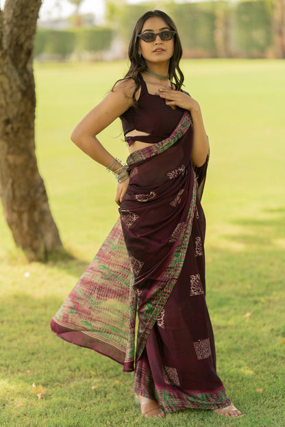 Chiffon Shibori Block Print  Saree