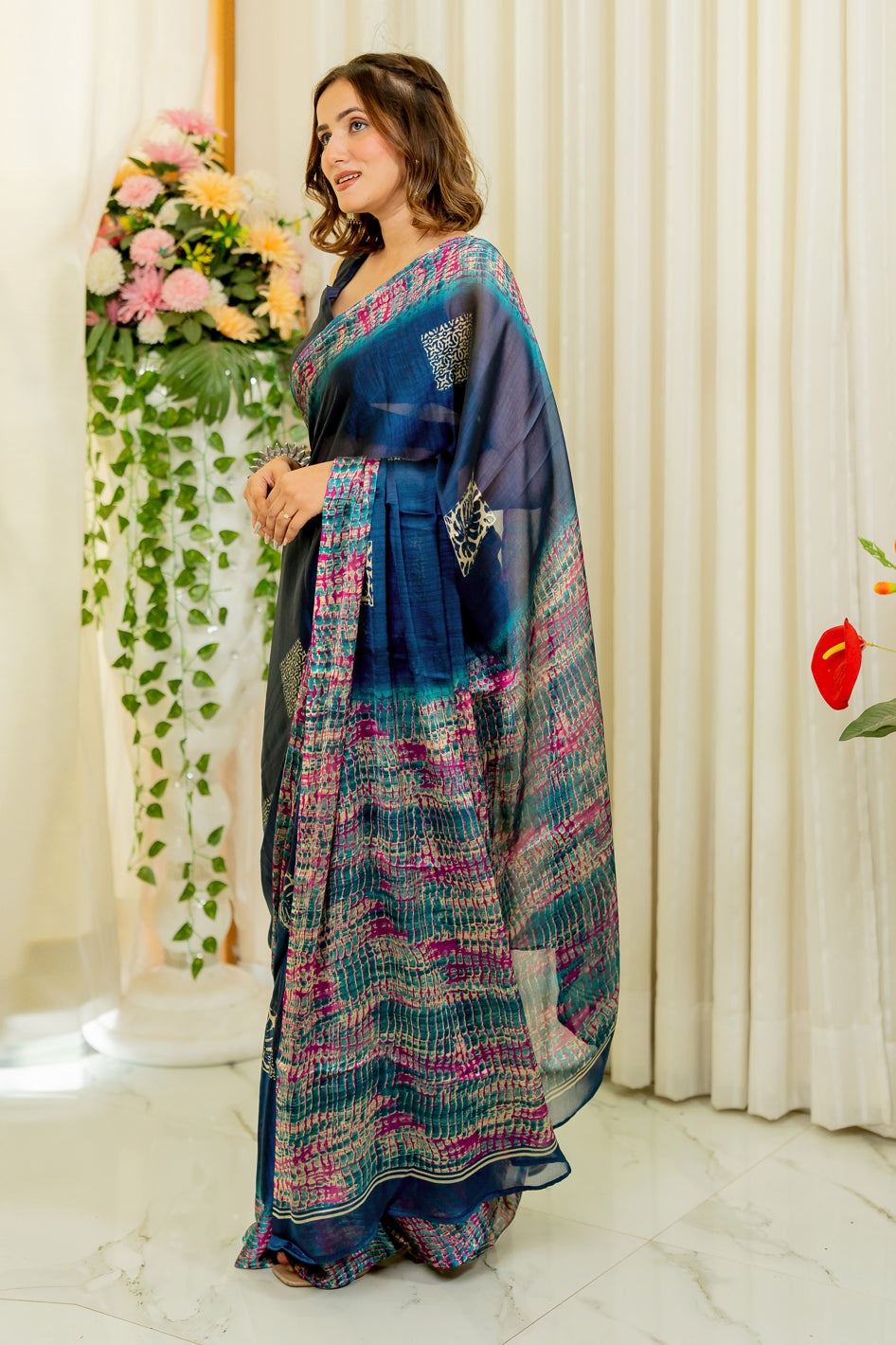 Chiffon Shibori Block Print  Saree