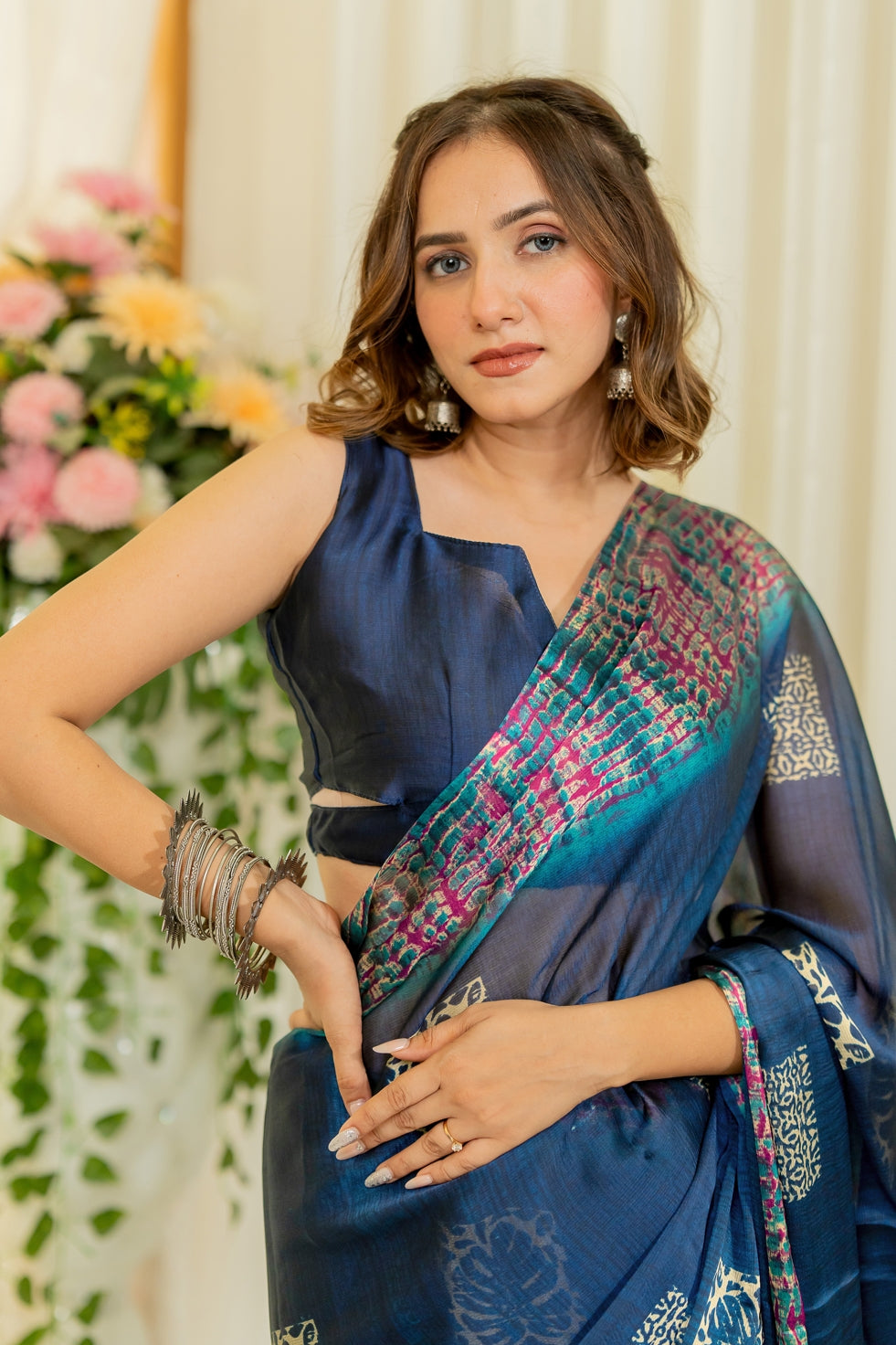 Chiffon Shibori Block Print  Saree