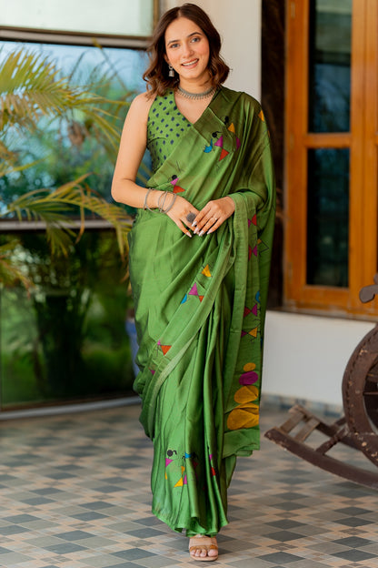 Women's Chiffon  Warli Block Print Custom Tailored Artistry Saree