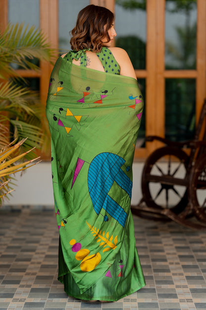 Women's Chiffon  Warli Block Print Custom Tailored Artistry Saree