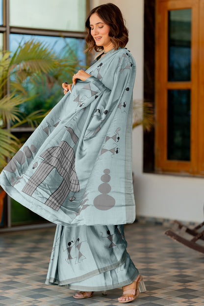 Women's Chiffon  Warli Block Print Custom Tailored Artistry Saree