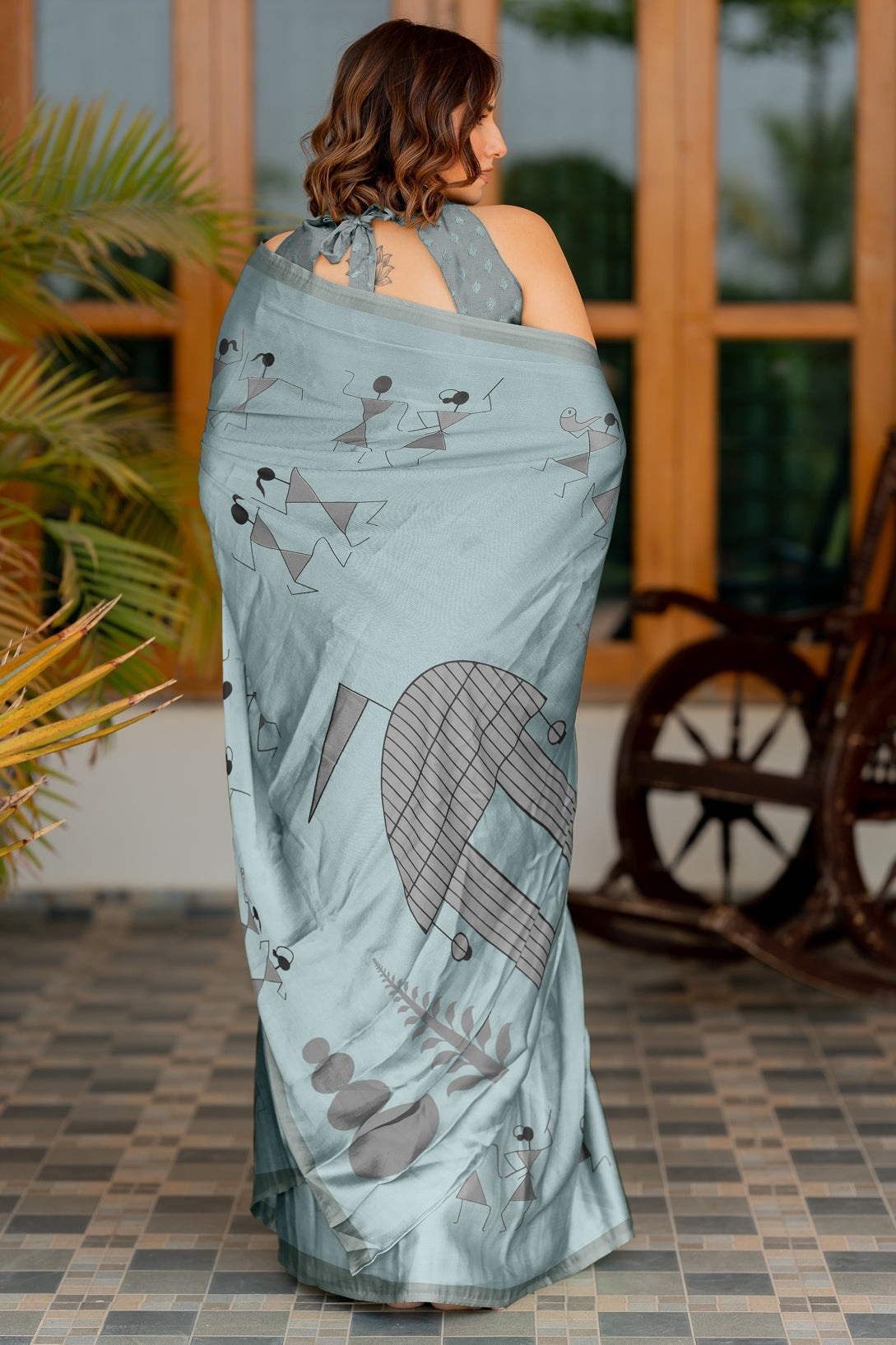 Women's Chiffon  Warli Block Print Custom Tailored Artistry Saree