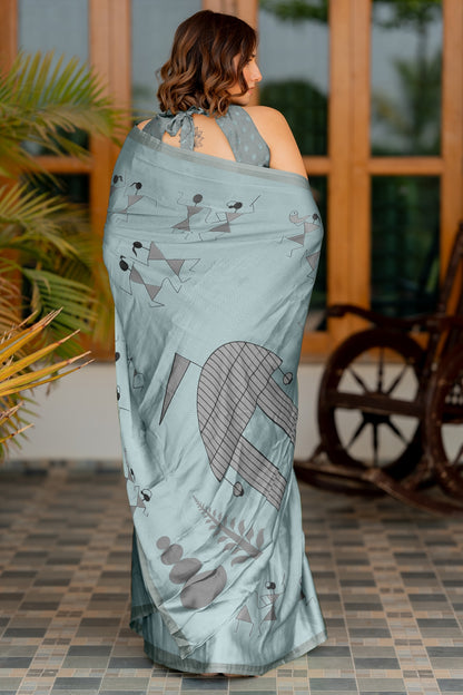 Women's Chiffon  Warli Block Print Custom Tailored Artistry Saree