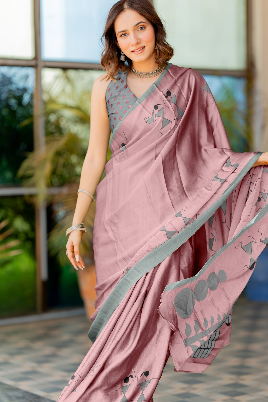 Women's Chiffon  Warli Block Print Custom Tailored Artistry Saree