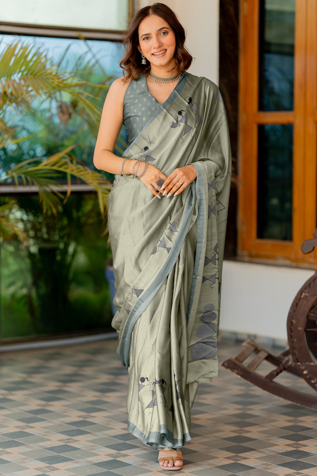 Women's Chiffon  Warli Block Print Custom Tailored Artistry Saree