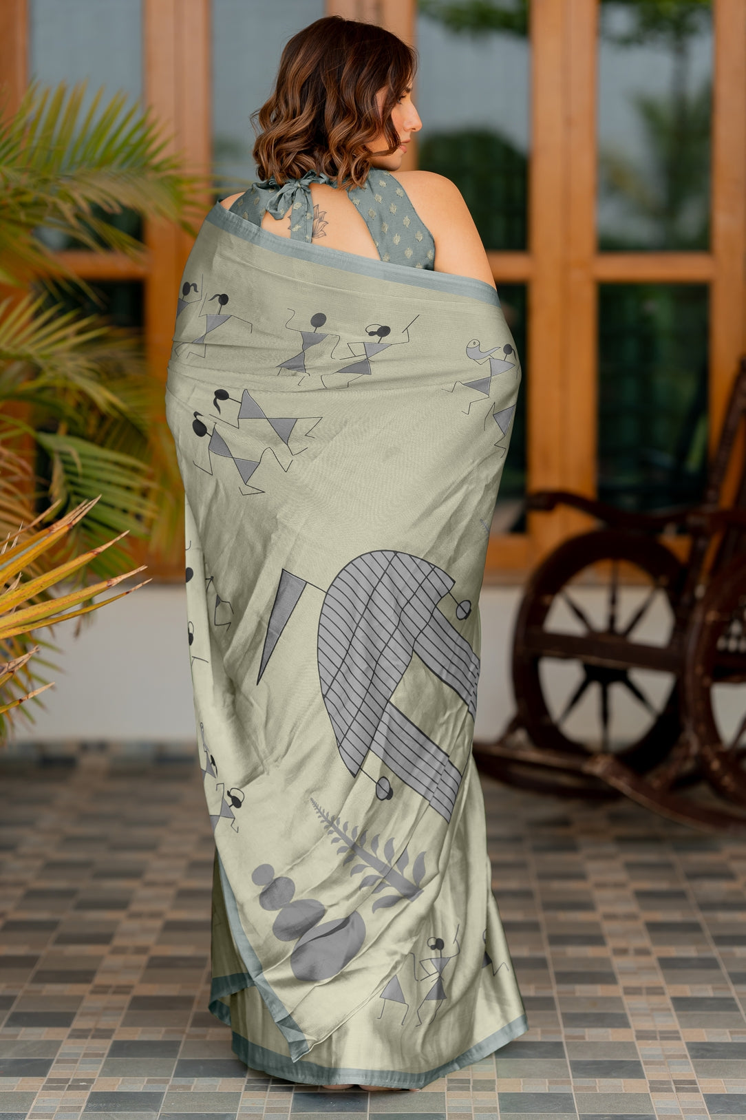 Women's Chiffon  Warli Block Print Custom Tailored Artistry Saree