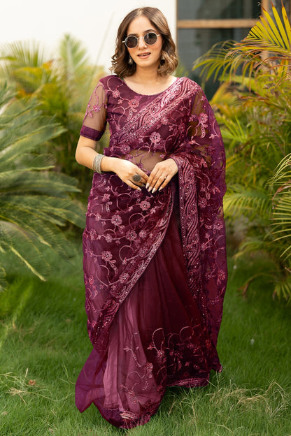 Modern Floral Embroidered Saree