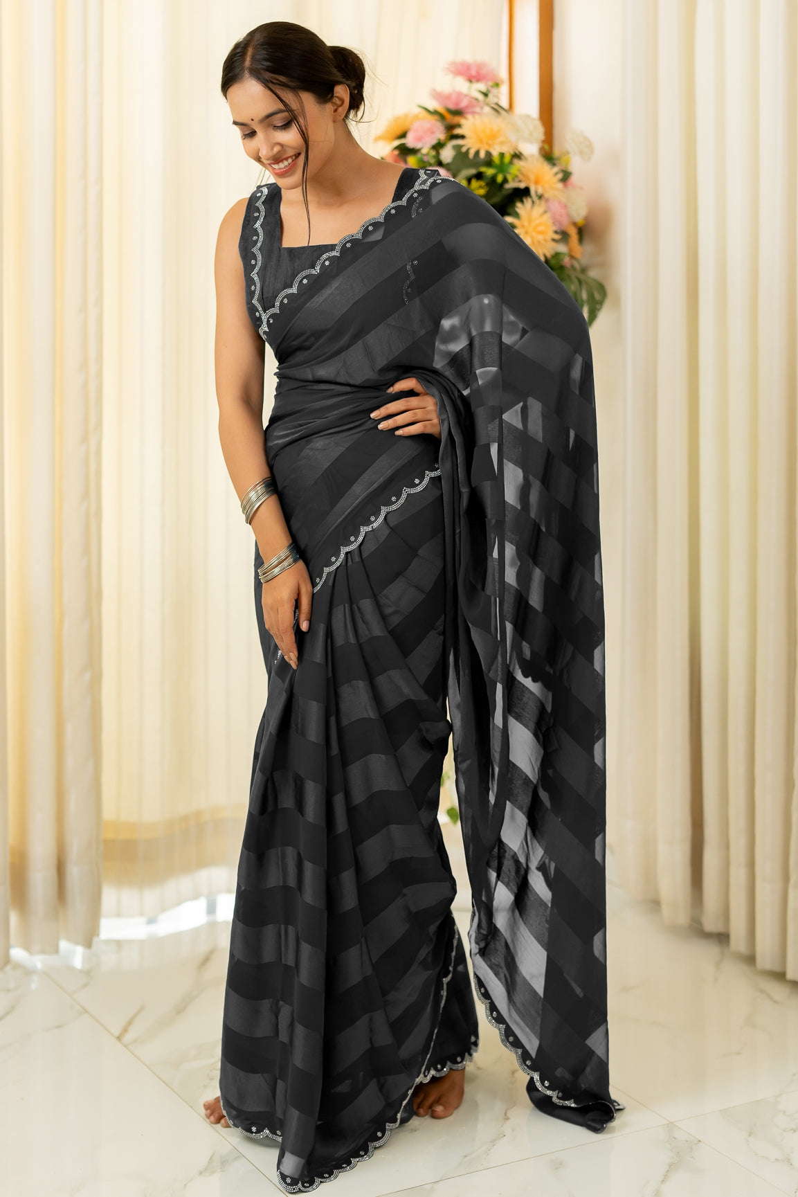 Satin Stripes Stone Work Saree