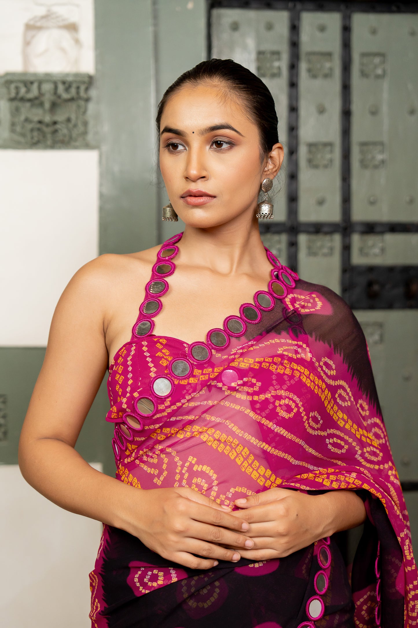 Elegant Georgette Bandhani Printed With Mirror Lace Saree