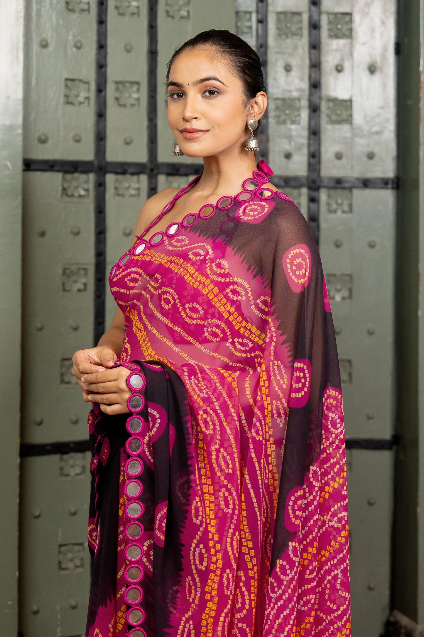 Elegant Georgette Bandhani Printed With Mirror Lace Saree