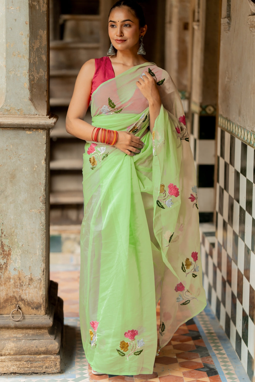 Floral Embroidery Stone Work/Tassels Saree