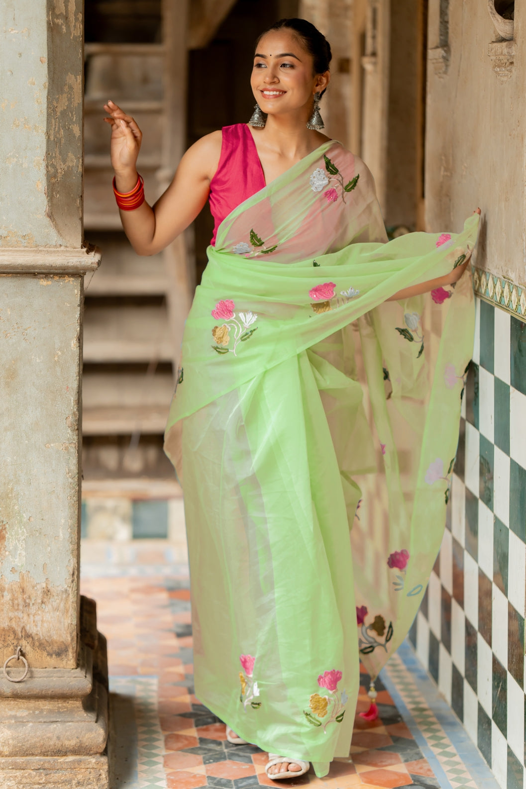 Floral Embroidery Stone Work/Tassels Saree