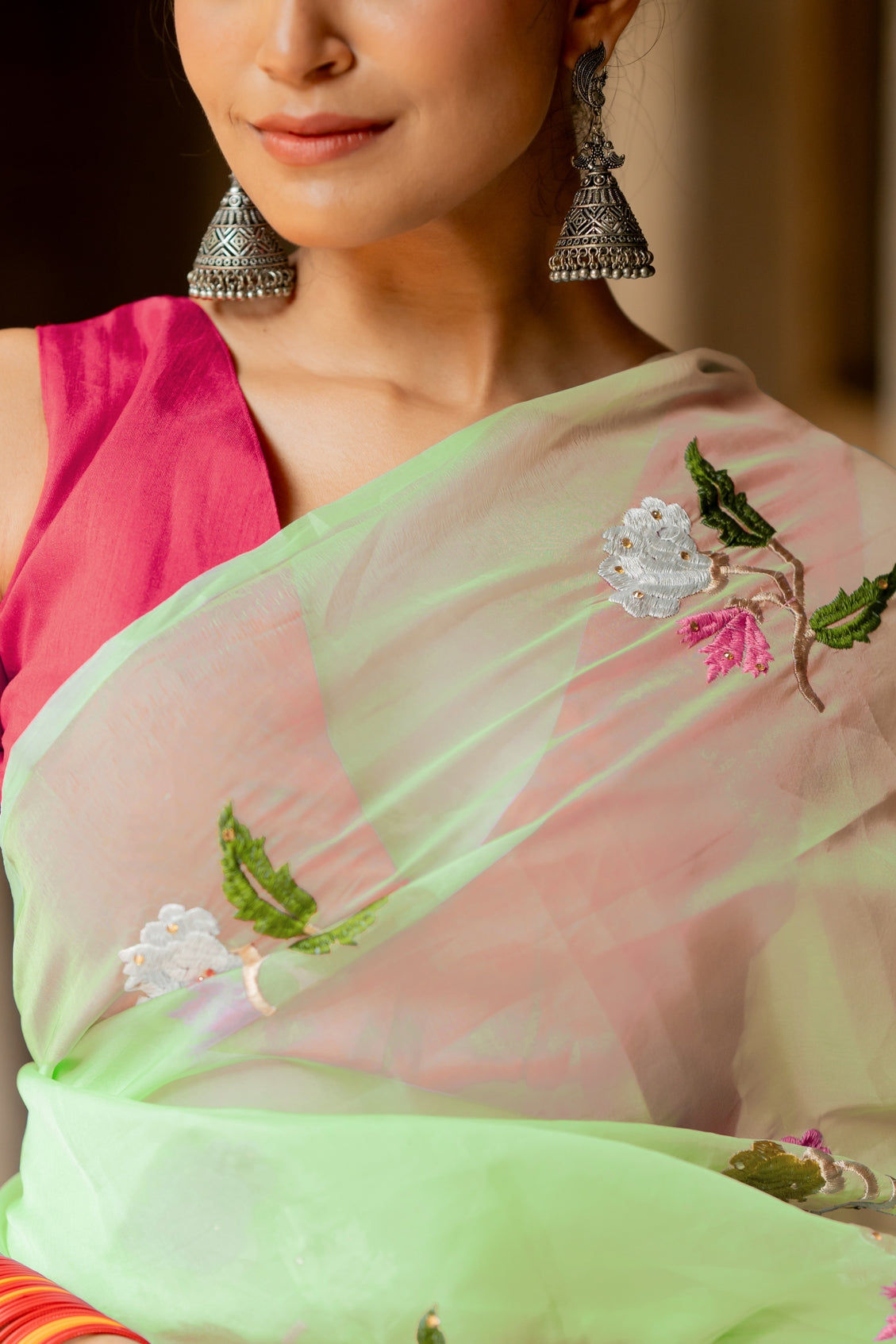 Floral Embroidery Stone Work/Tassels Saree