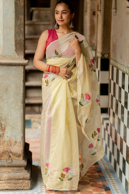 Floral Embroidery Stone Work/Tassels Saree