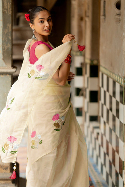 Floral Embroidery Stone Work/Tassels Saree