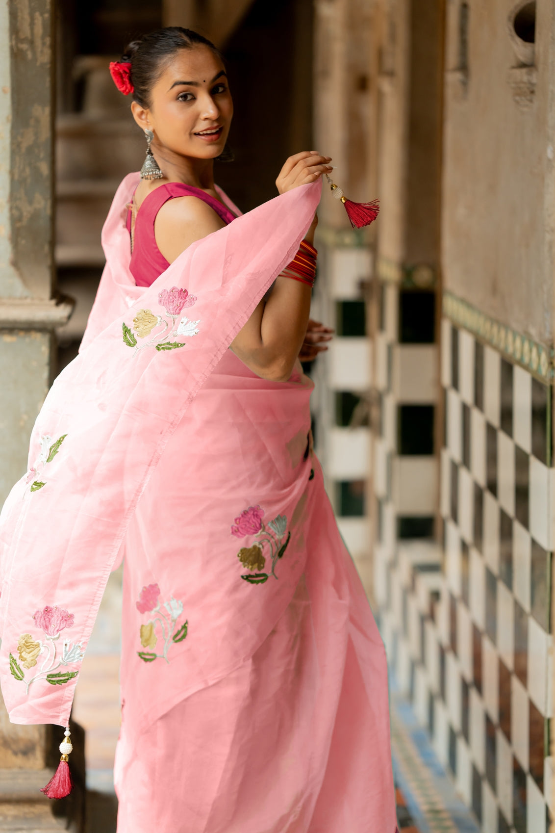 Floral Embroidery Stone Work/Tassels Saree