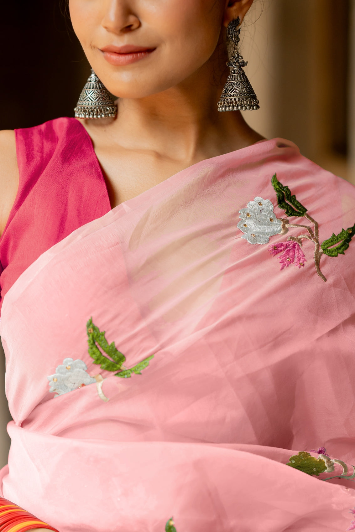 Floral Embroidery Stone Work/Tassels Saree