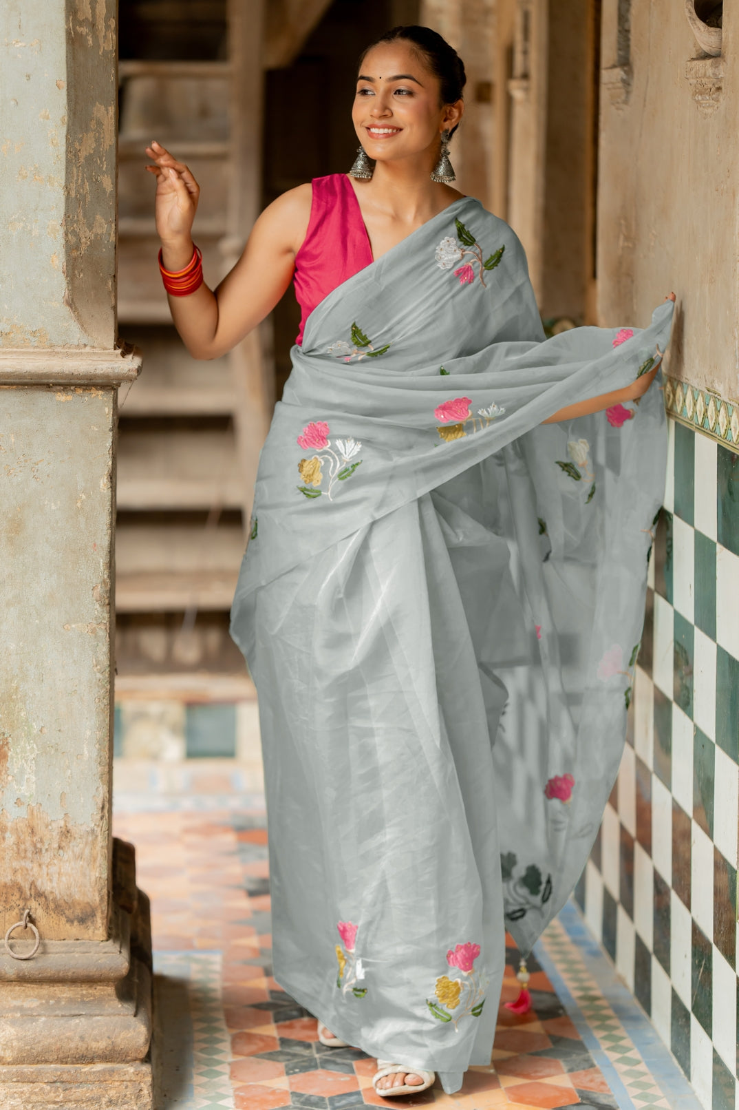 Floral Embroidery Stone Work/Tassels Saree