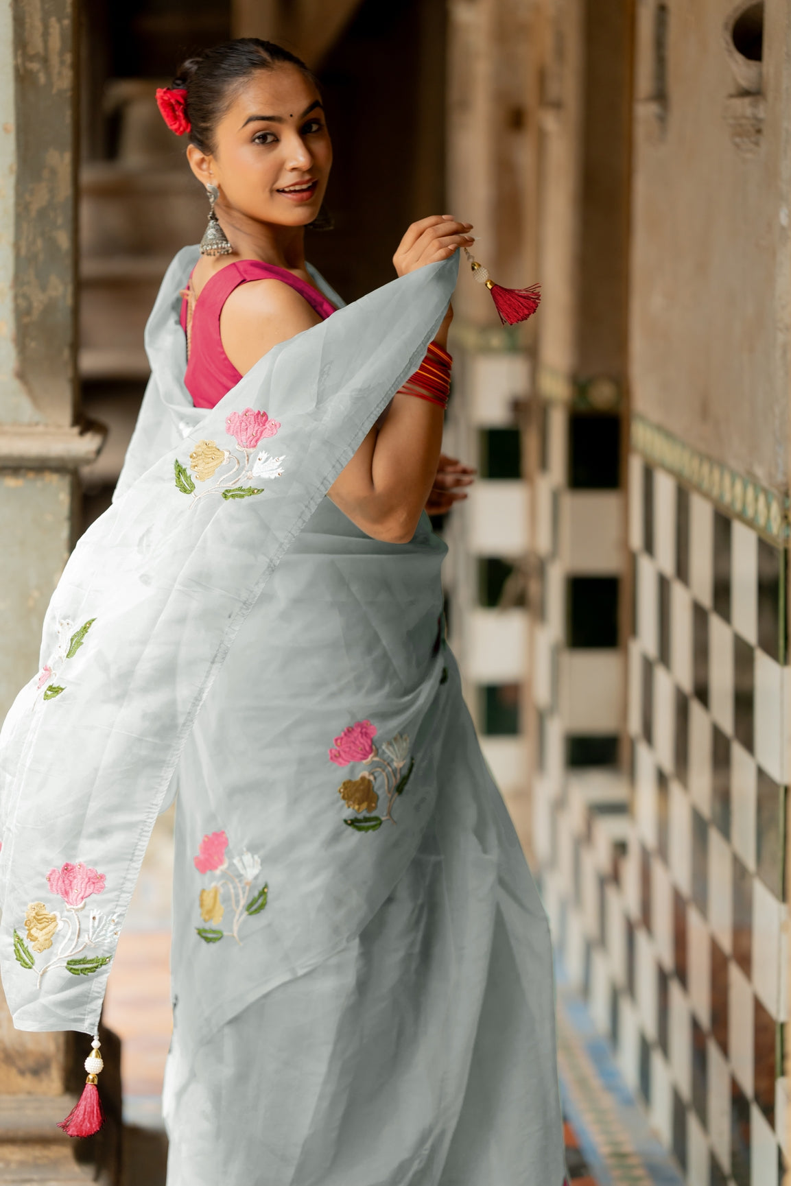 Floral Embroidery Stone Work/Tassels Saree