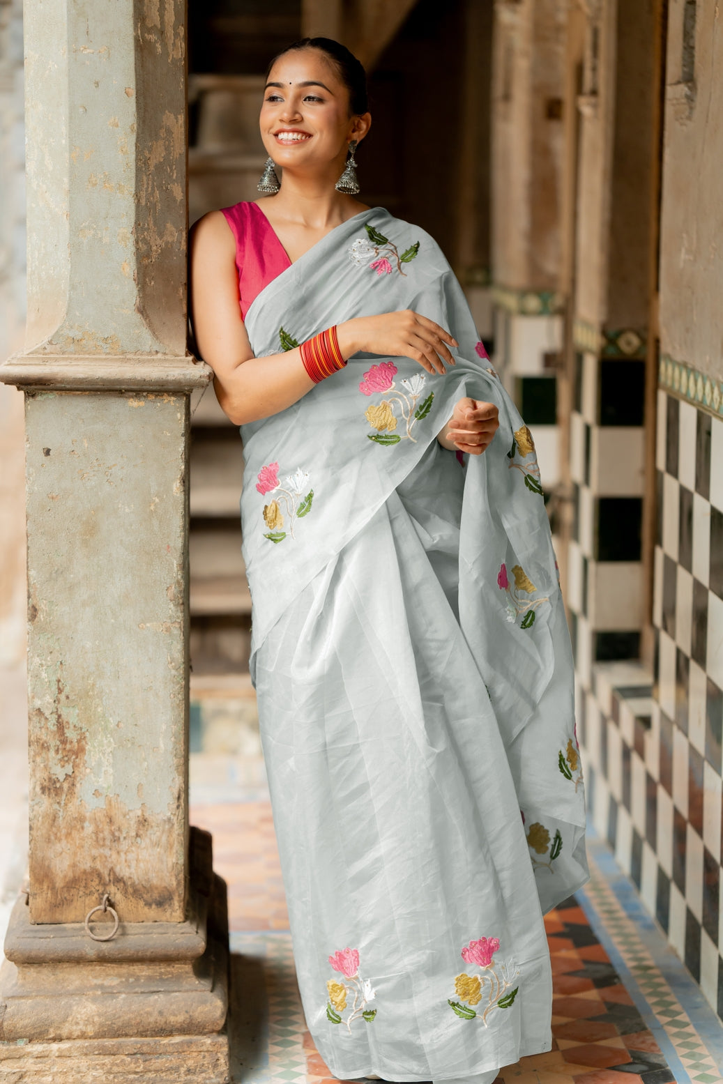 Floral Embroidery Stone Work/Tassels Saree