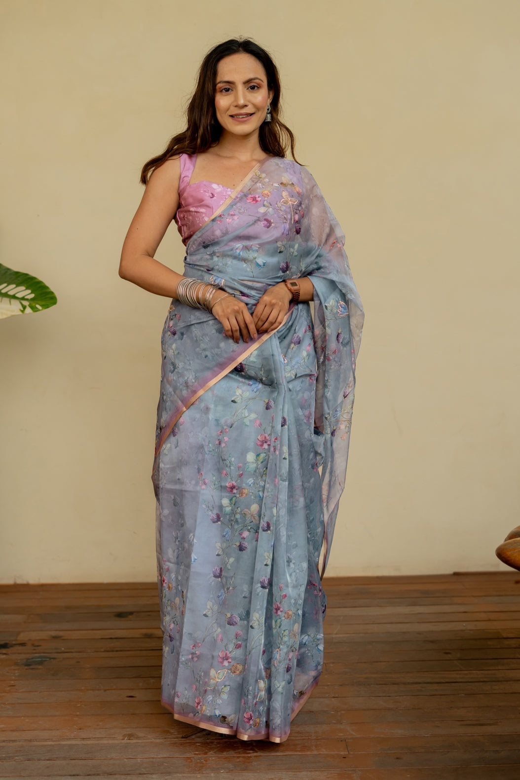 Floral Print With Golden Gota Work Organza Saree