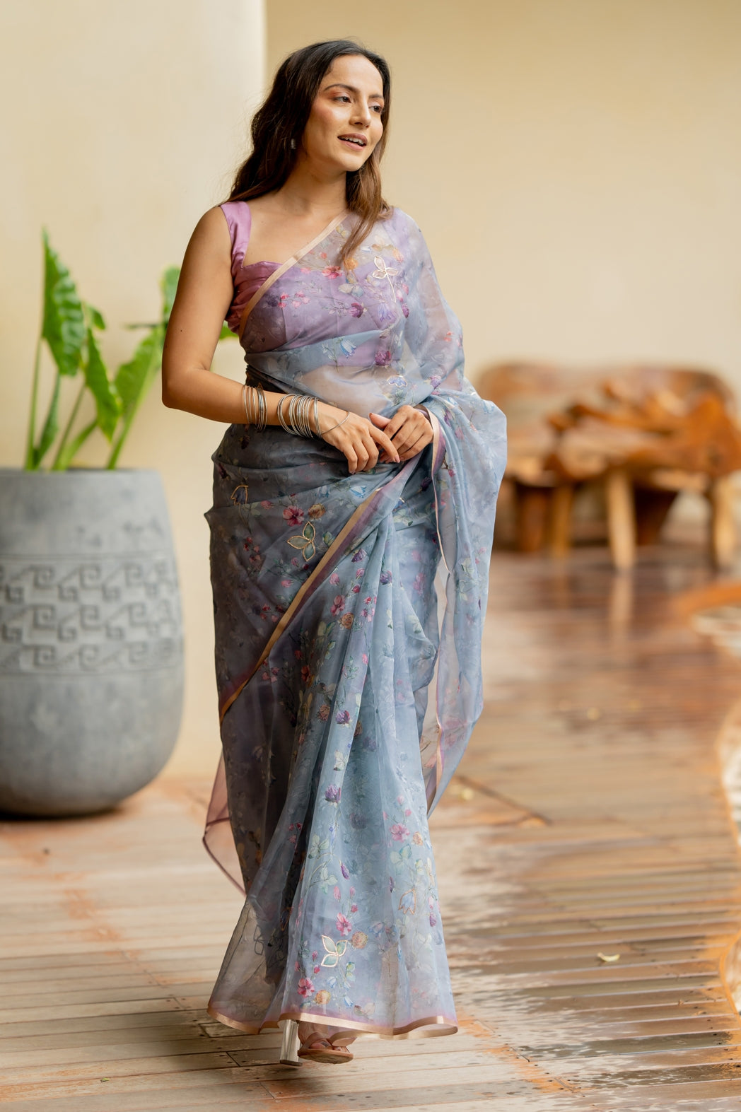 Floral Print With Golden Gota Work Organza Saree