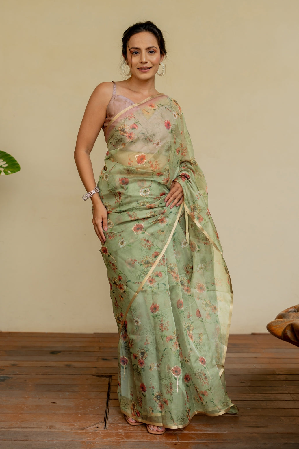 Floral Print With Golden Gota Work Organza Saree