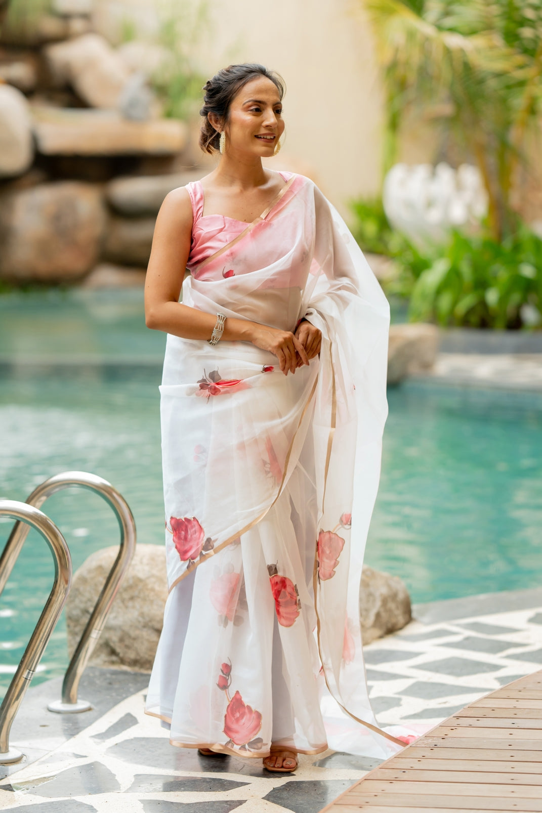 Floral Print With Golden Gota Work Organza Saree