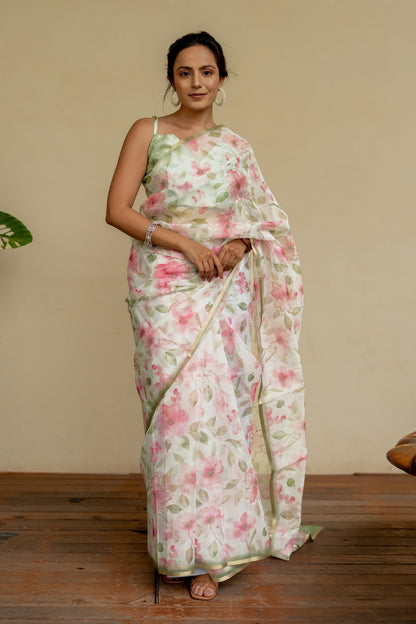 Floral Print With Golden Gota Work Organza Saree