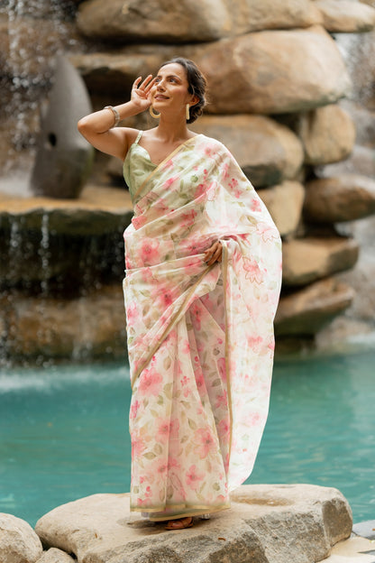 Floral Print With Golden Gota Work Organza Saree