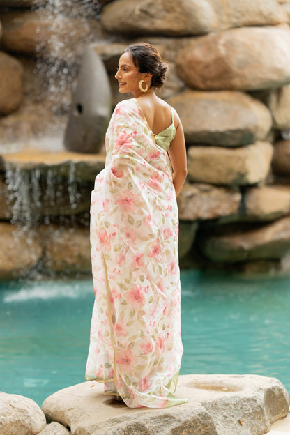 Floral Print With Golden Gota Work Organza Saree