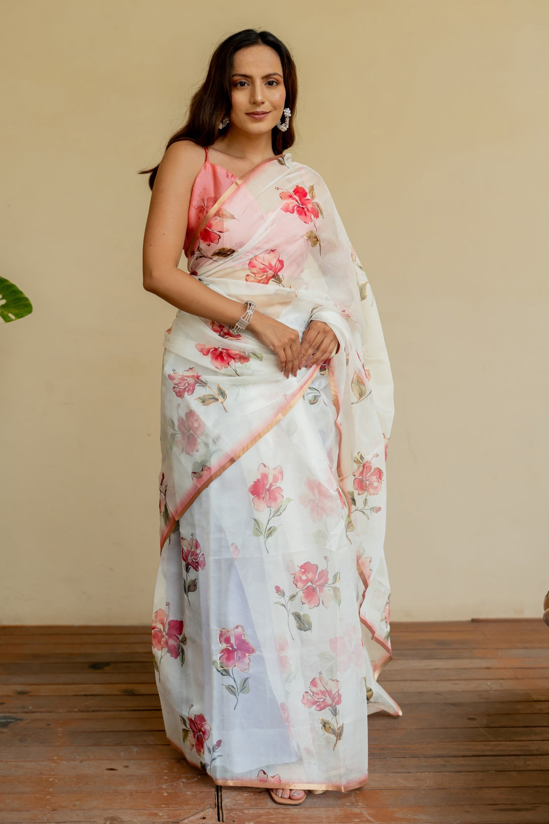 Floral Print With Golden Gota Work Organza Saree