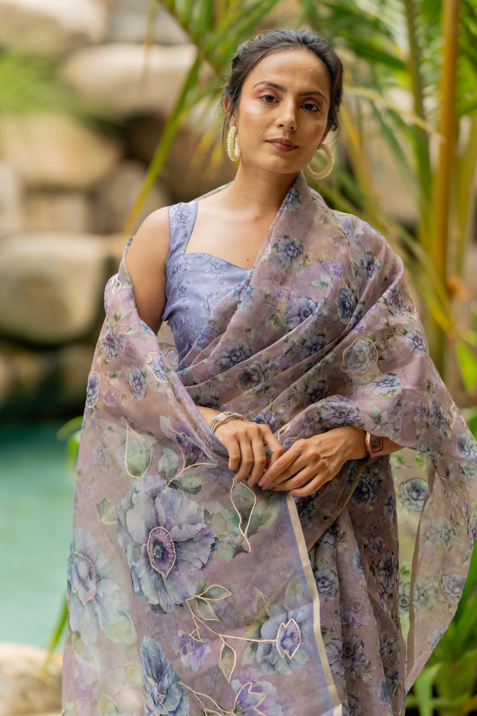 Floral Print With Golden Gota Work Organza Saree